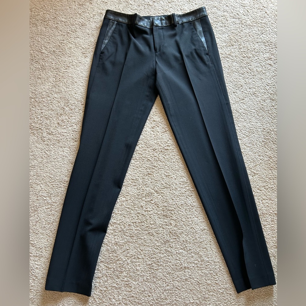 VINCE Strapping Leather Trim Trousers Wool Straight Leg Pants Black, Sz 6
